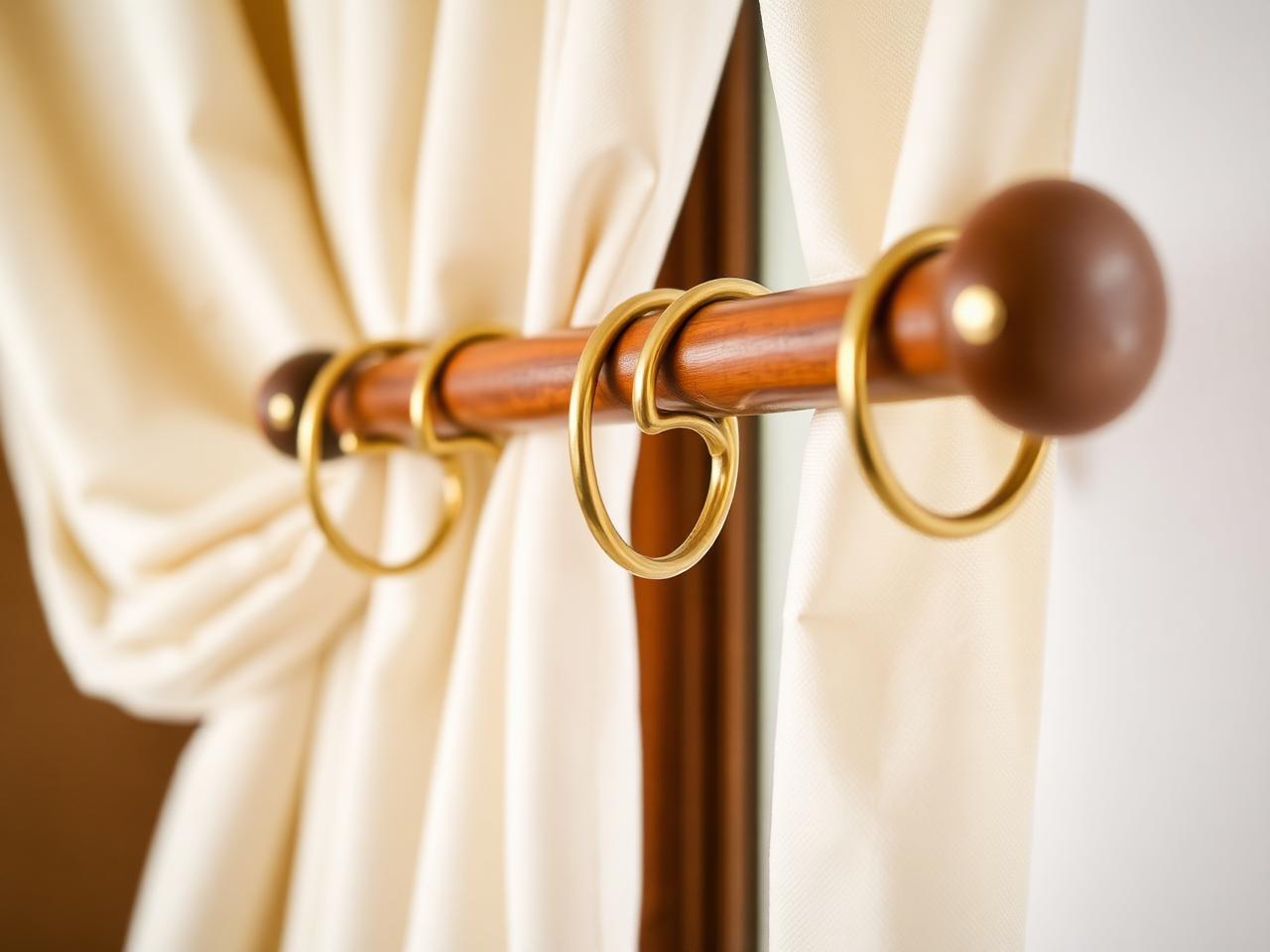 Brass curtain rings on a wooden rod