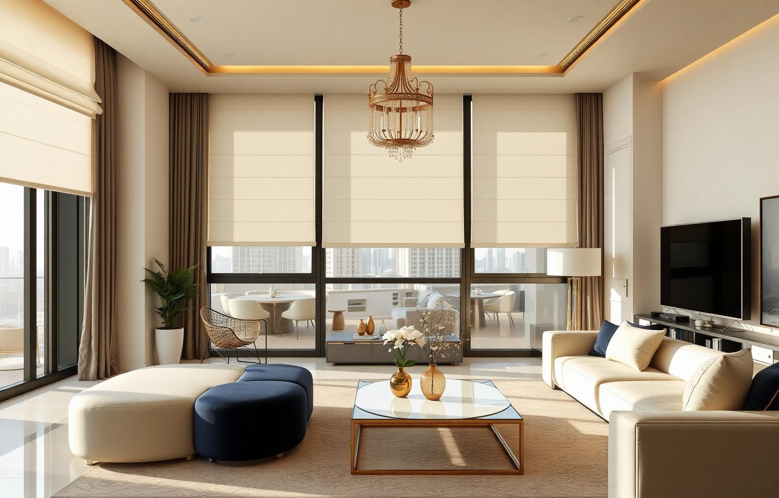 Premium roller and roman blinds in a bright Dubai apartment interior