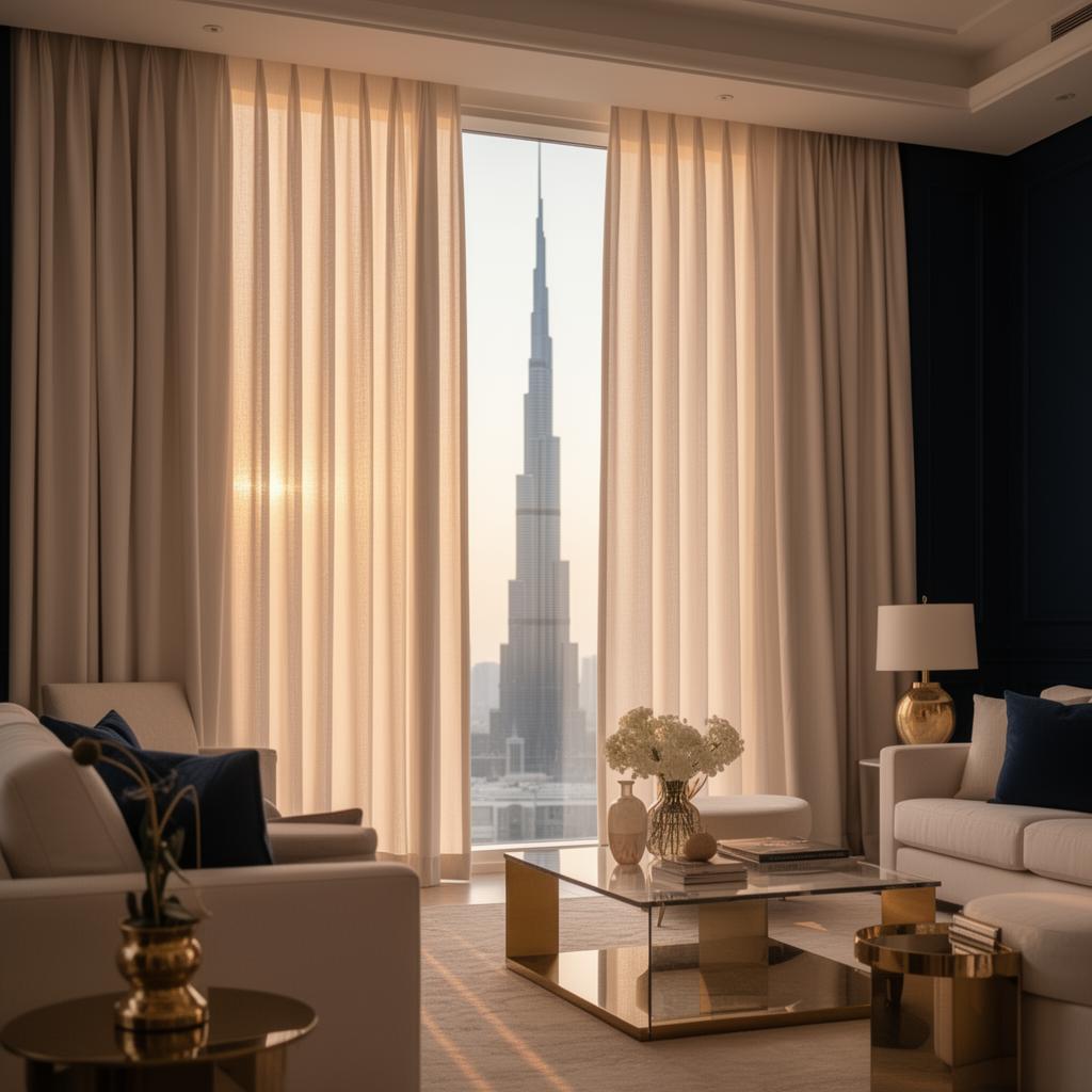 Custom-made ivory curtains framing a Dubai apartment window with Burj Khalifa view