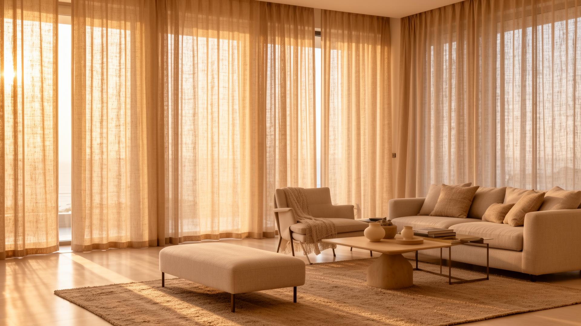 Natural linen curtains in a Dubai apartment living room with soft daylight — by Best Curtain in Dubai