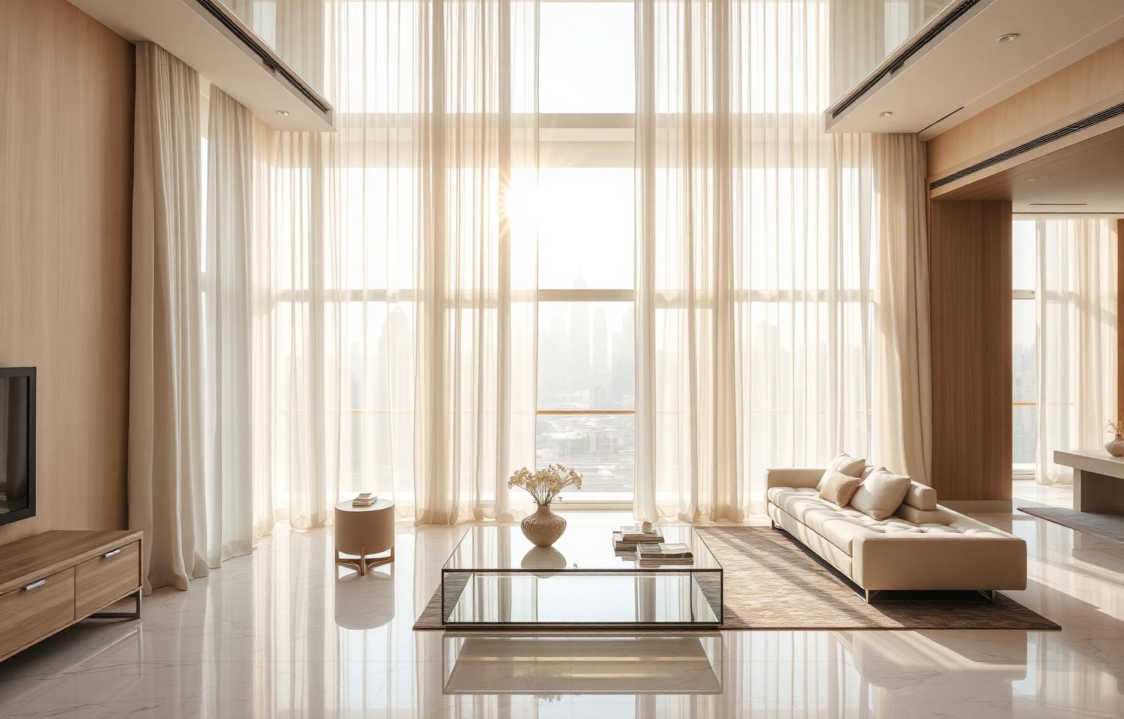 Ivory sheer curtains diffusing afternoon light in an Arabian Ranches villa