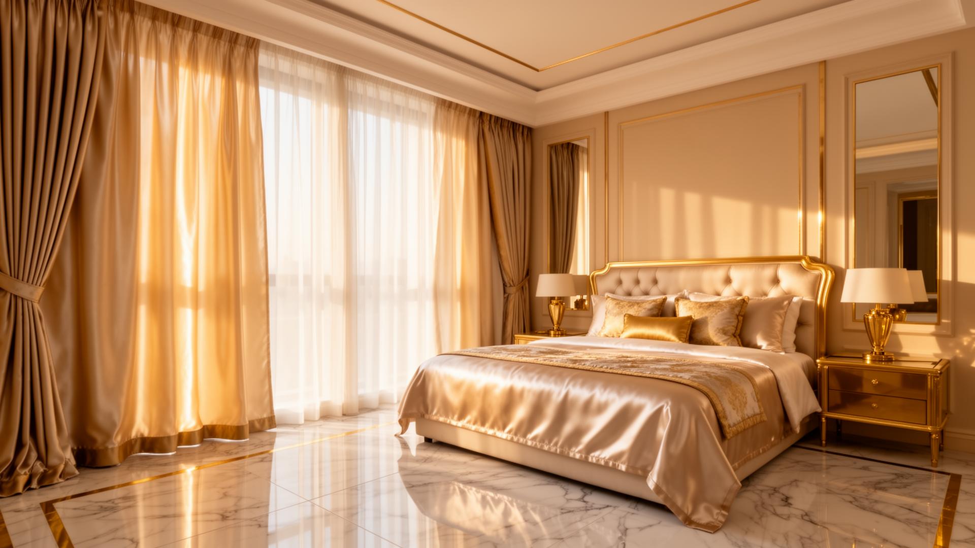 Silk curtains with premium sheen in a formal Dubai villa living room — by BCD