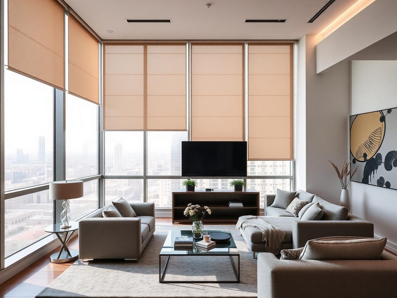 Motorized curtains in Palm Jumeirah villa lounge by BCD