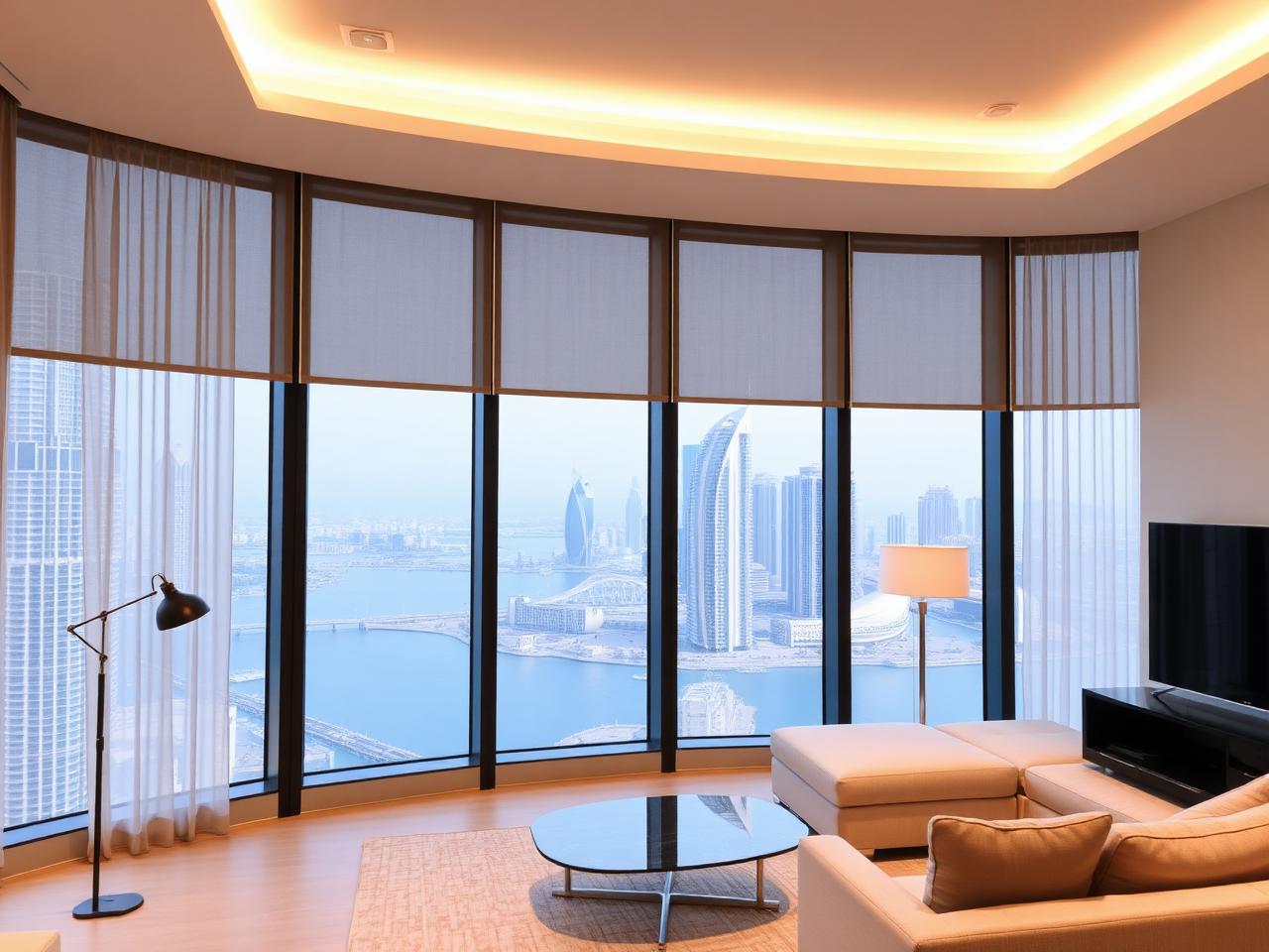 Blackout and sheer living room curtains in Business Bay home by BCD