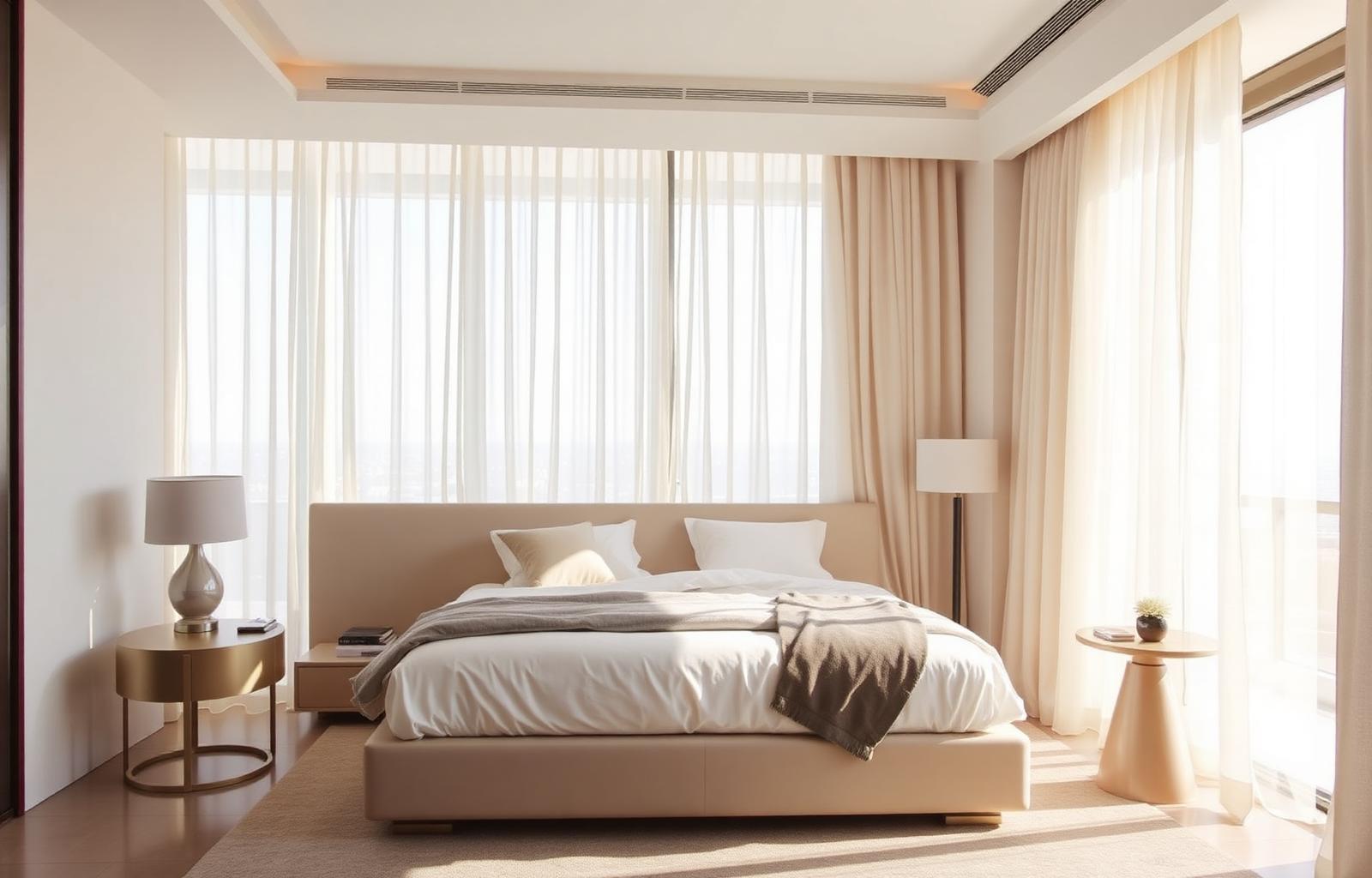 Bedroom in Dubai with sheer curtains during daytime