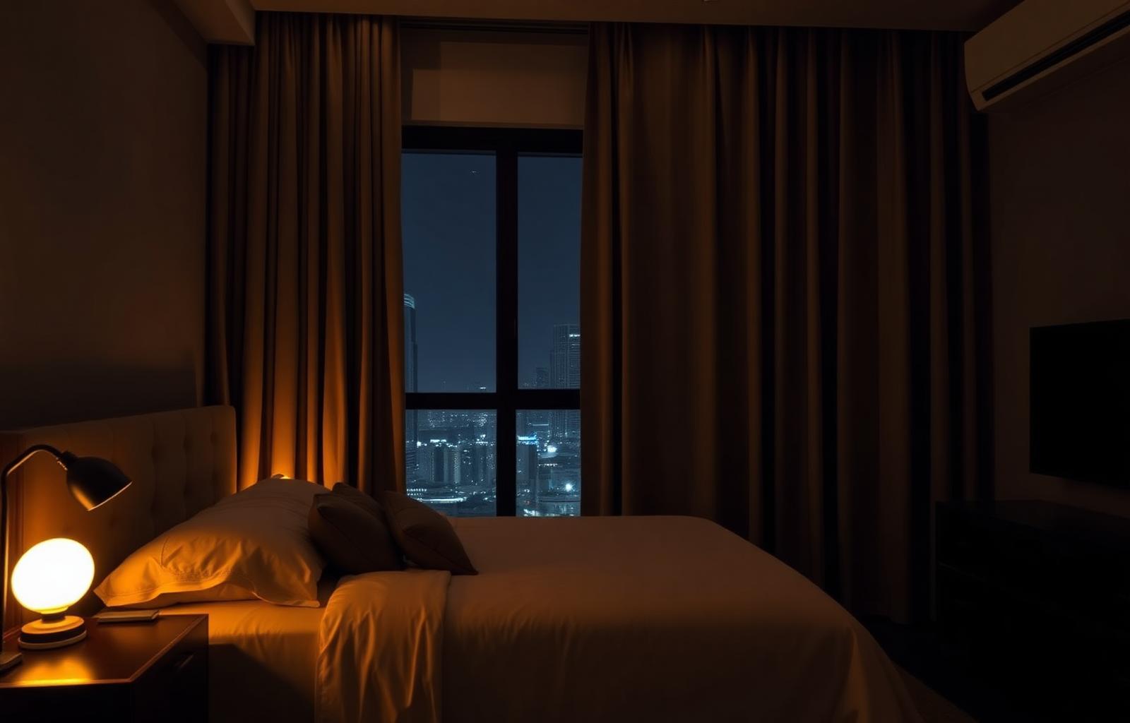 Same Dubai bedroom at night with blackout curtains drawn